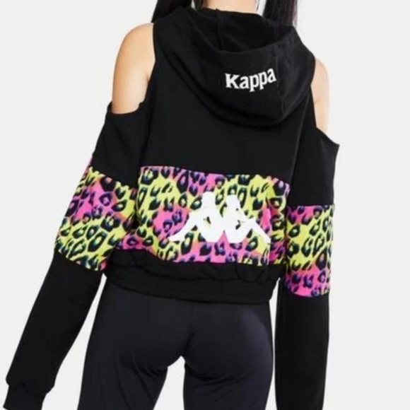 Kappa Open Shoulder Zip Jacket Leopard Neon Cropped Hoodie Black Large Cotton - Picture 4 of 16